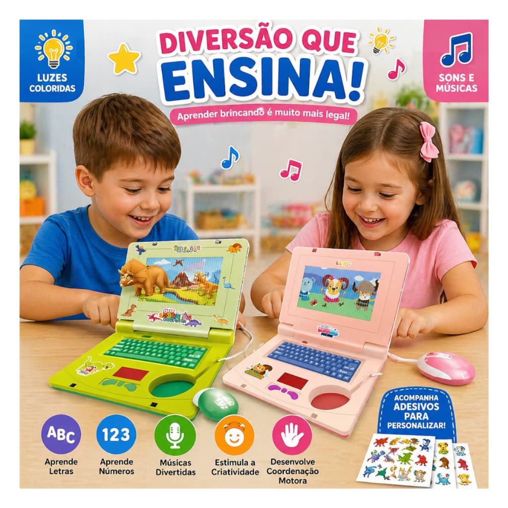 Laptop Notebook Infantil Musical com Luz e Som + Mouse Educativo Interativo Crianças Aprender Brincando Didático Inmetro