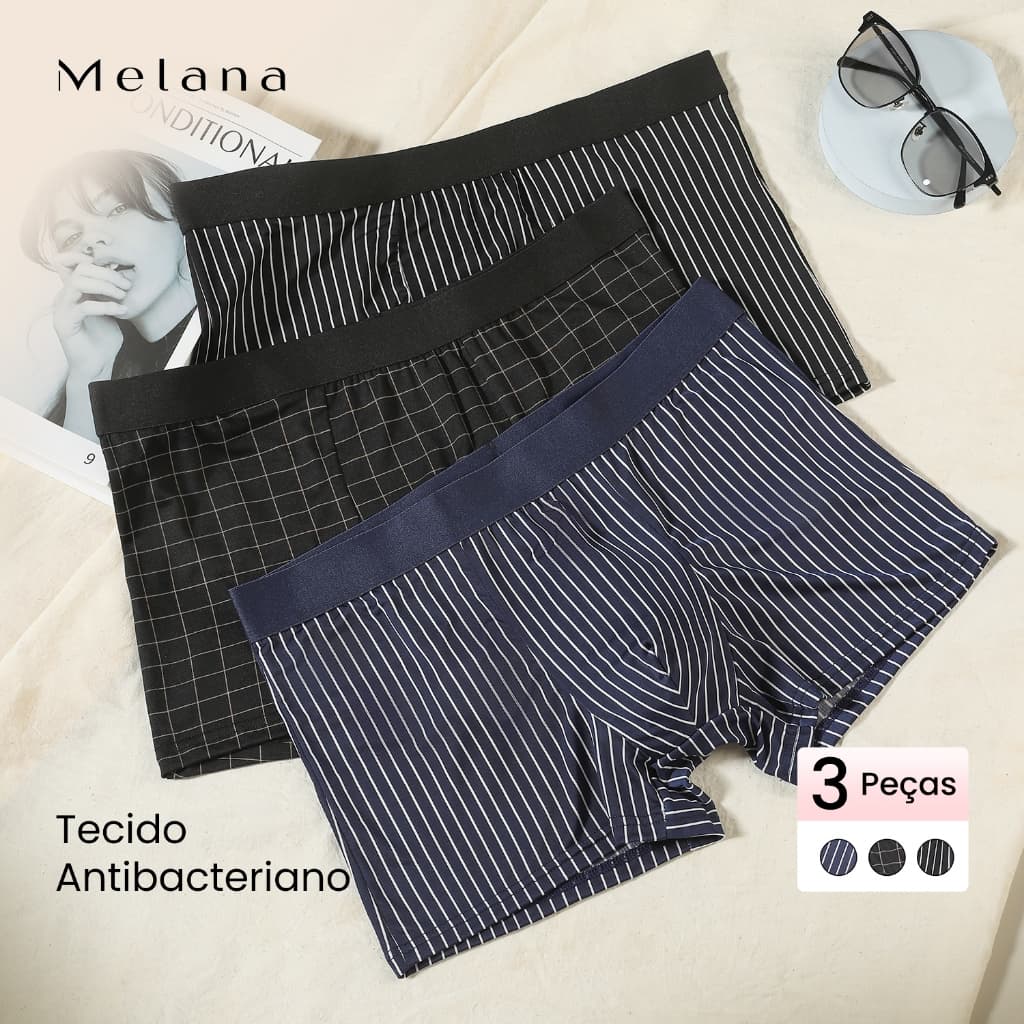 Melana Kit 3 Cuecas Boxer Microfibra Cuecas Boxer Masculina com Forro 100% Algodão Antibacteriano Estilo Listrado