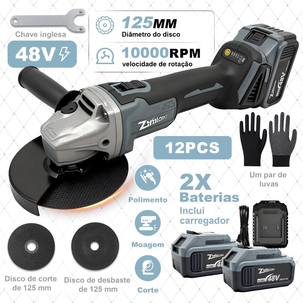 Esmerilhadeira 48V Sem Fio Brushless 2 Baterias Esmerilhadeira Angular Elétrica 125mm