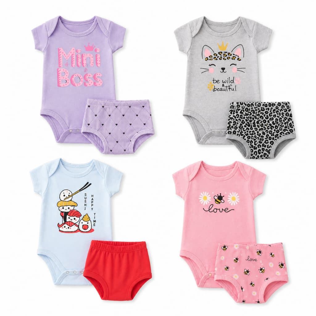Kit 8 Peças Body Bebê Menina com Tapa Fralda RN ao G Algodão Conjunto Bebê Feminino