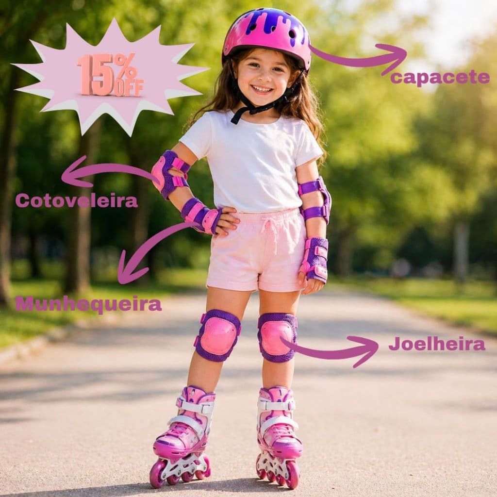 Kit Proteção Infantil 7 Peças 🛴 Capacete + Joelheira + Cotoveleira Rosa/Lilás Ajustável Seguro