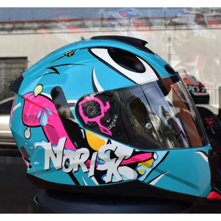 CAPACETE MOTO NORISK ORIGINAL RAZOR MAD AZUL ROSA MONSTER EAGLE + VISEIRA CRISTAL NOVO OFERTA