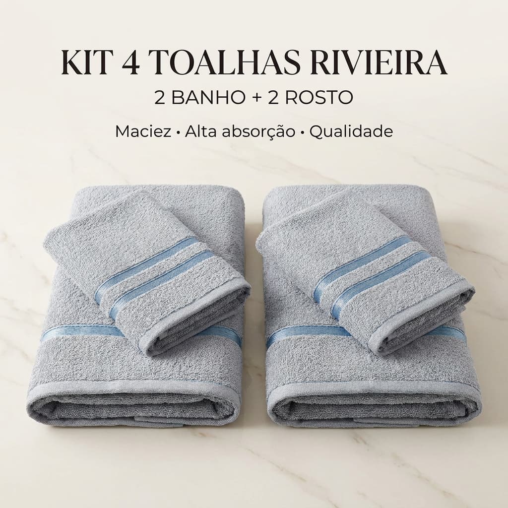 KIT 4 Peças 2 Toalhas Banho e 2 Rosto Rivieira 100% Algodão Grande Macia Seca Rápido Ótima Absorção