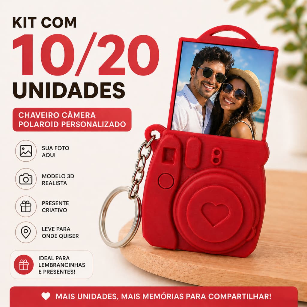 Kit 10 ou 20 Chaveiros Câmera Polaroid com Foto | Lembrancinha Personalizada Criativa | Presente Casal Amigas Família