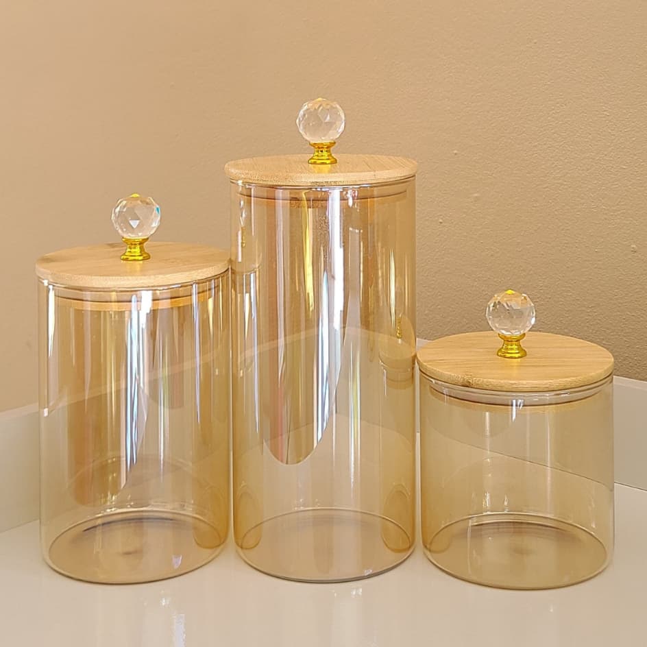 Kit Conjunto de Potes Herméticos Dourado ÂMBAR CRISTAL LISO Para Mantimentos Luxo Cozinha com Opção de Bandeja