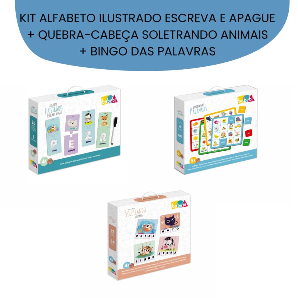 Kit 3 Jogos Educativos Pedagógicos Montessori Alfabeto + Soletrar + Bingo das Palavras 4-6 anos