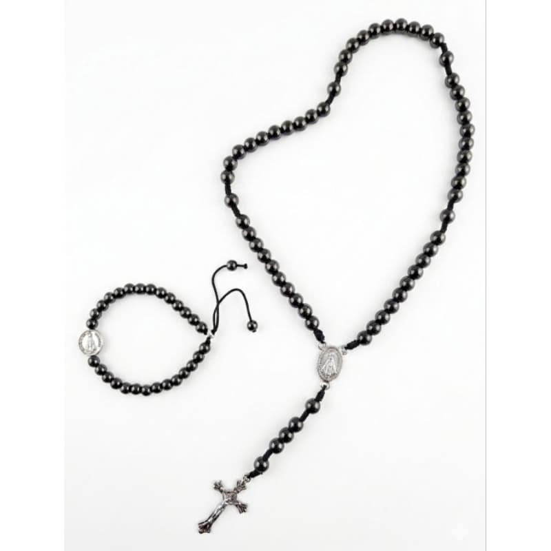 Terço Nossa Senhora Aparecida Hematita Preto + Pulseira Kit Religioso Proteção Fé Presente