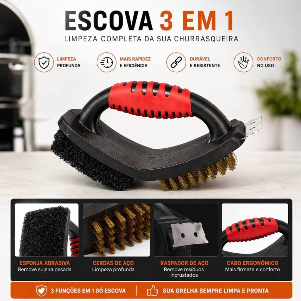 Escova Limpa Grelha para Churrasqueira e Chapa com Cerdas de Aço + Espátula Raspador 3 em 1, Remove Gordura