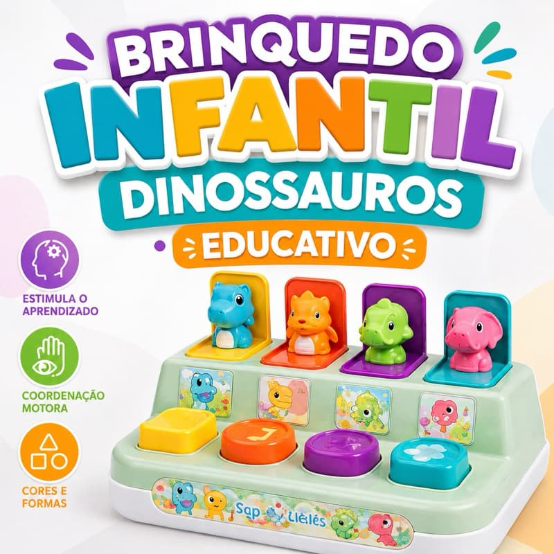 Jogo Pop-Up Dino Brinquedo Infantil Pedagógico para Bebês Aprender Cores e Formas Montessori para Casa e Viagens