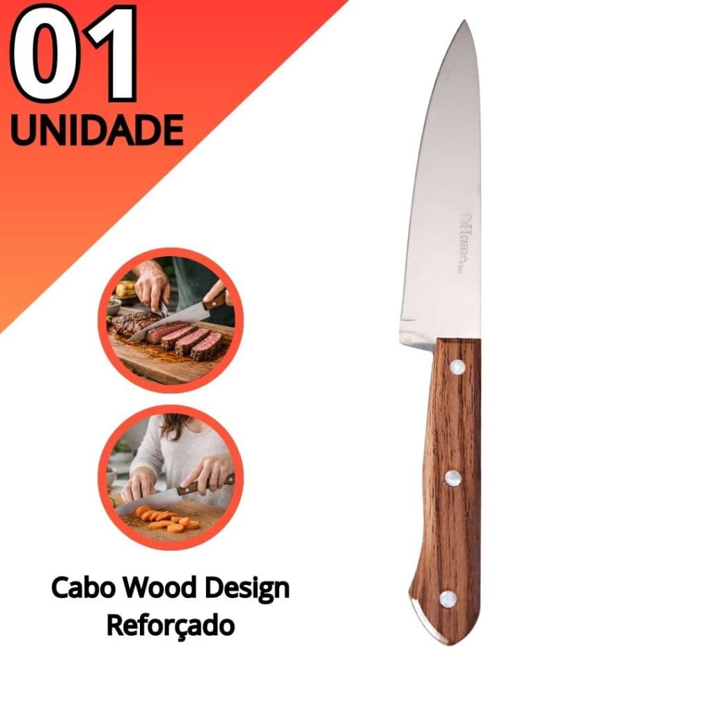 Faca de Cozinha Aço Inox 7” Cabo Wood Design Profissional Corte Preciso