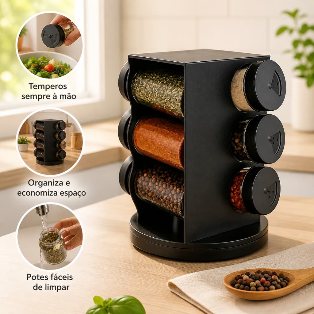 Porta Temperos Giratorio Kit 6 Potes Plastico Preto 80ml Organizacao Facil Cozinha