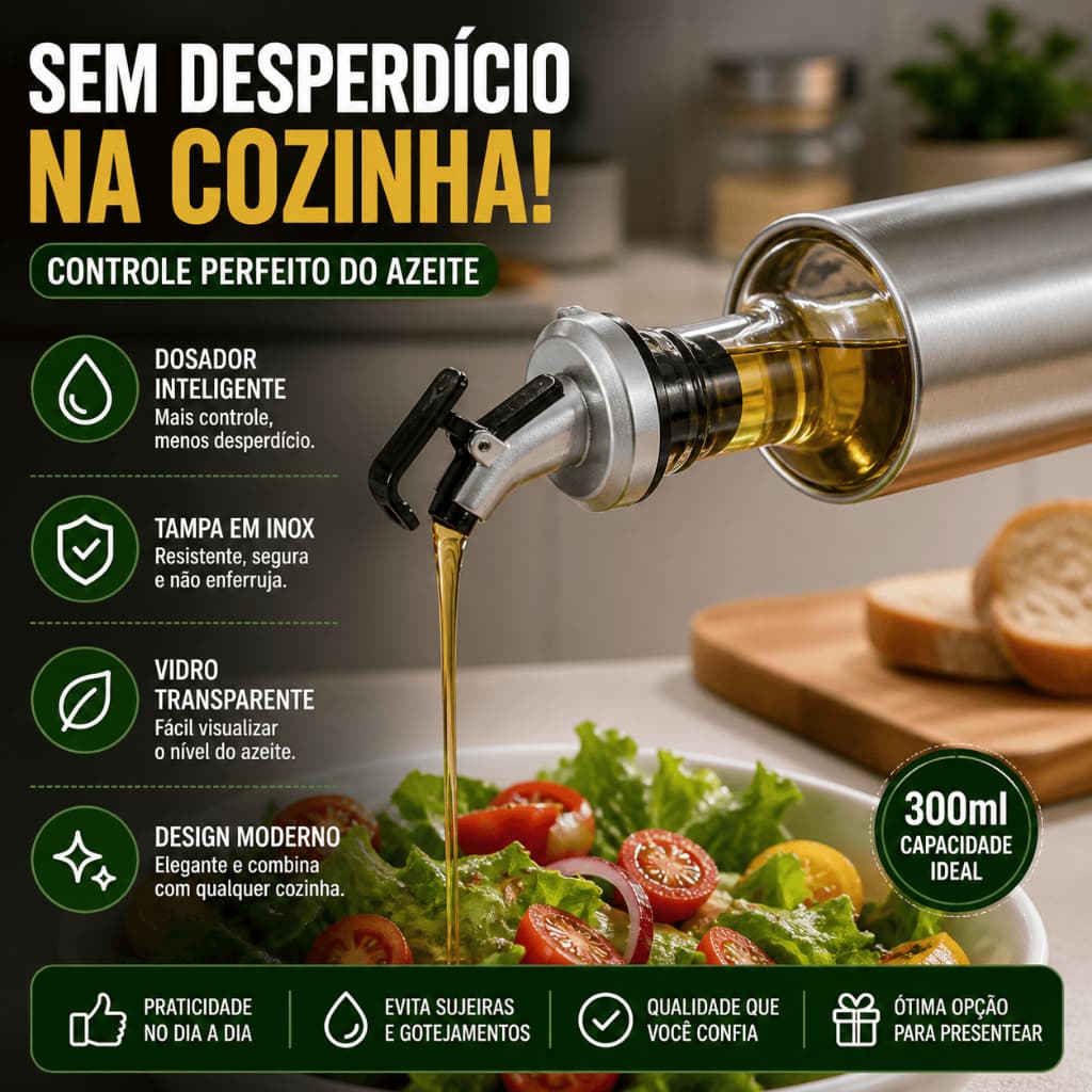 Dispenser de Azeite 300ml Vidro com Tampa Inox | Dosador Anti Vazamento | Garrafa Temperos Cozinha