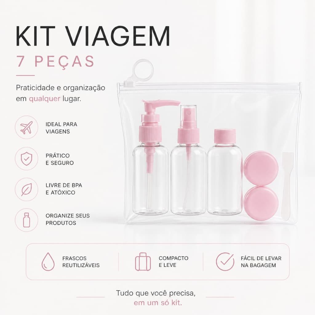 Porta Cosméticos Viagem 7 Peças Kit Frascos Compacto Necessaire Transparente