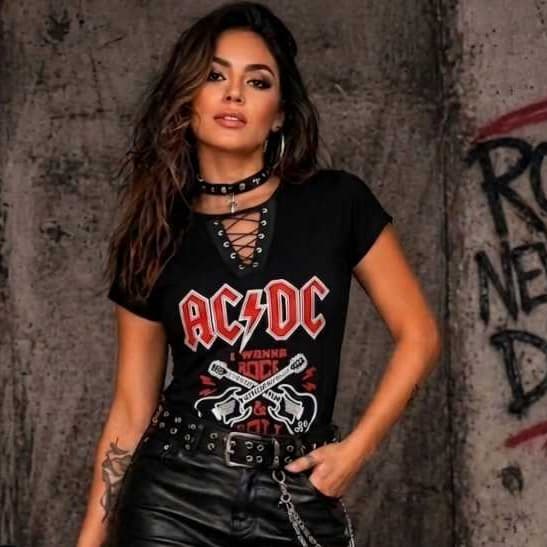Blusa  femenina rock ACDC T-shirt de cordinha em viscolycra Premium
