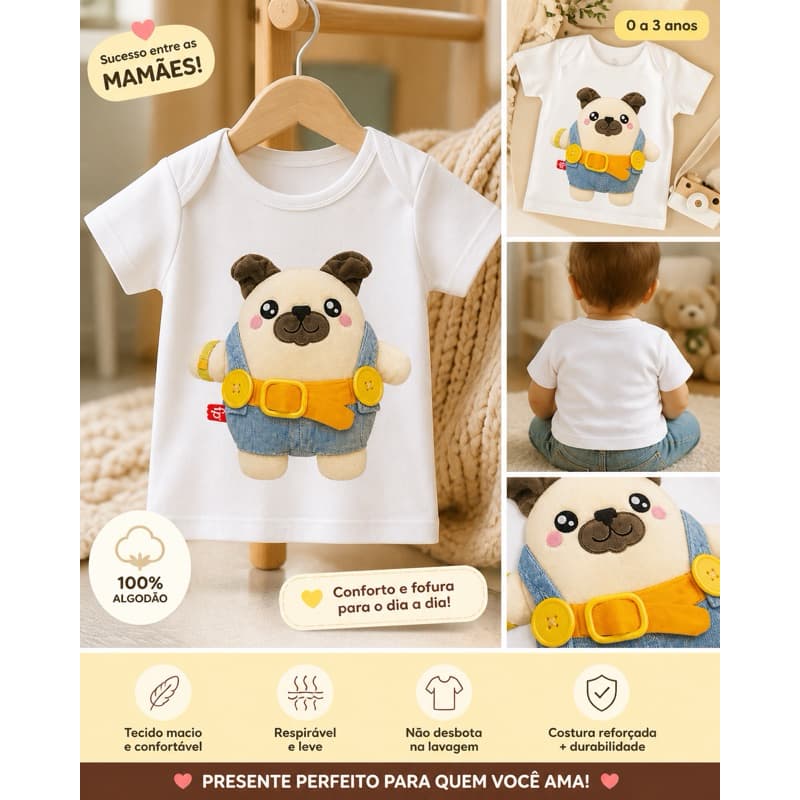 👉 Body/Camiseta Infantil 0 a 3 Anos Pug Fofo 🐶 100% Algodão Confortável Bebê Menino Menina