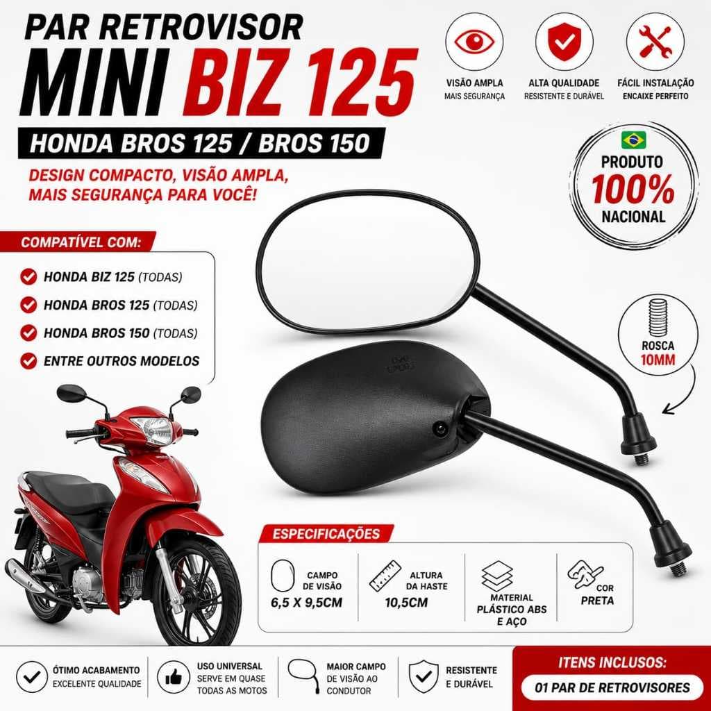Par Retrovisor Mini P/Biz 125 Honda Titan Broz Moto Motoboy