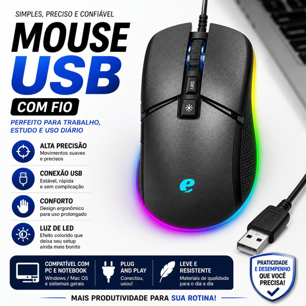 Mouse USB Com Fio Óptico Alta Precisão 800-3200 DPI Plug and Play Para PC Notebook Preto Confortável