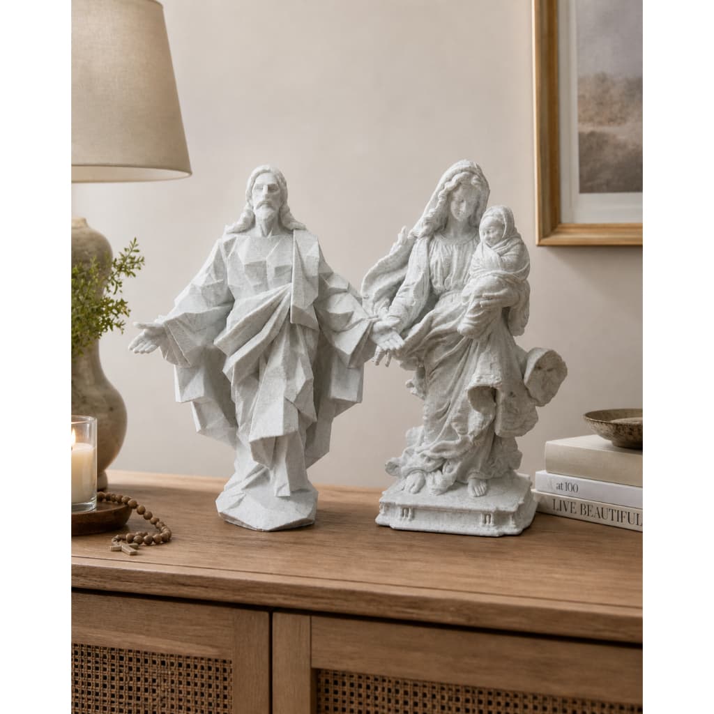 Kit Imagens Religiosas Jesus Cristo Geométrico e Nossa Senhora Aparecida  Branco Granito