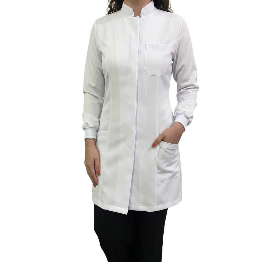 Jaleco Feminino Gabardine Premium Branco Com Punho Ribana PP ao GG