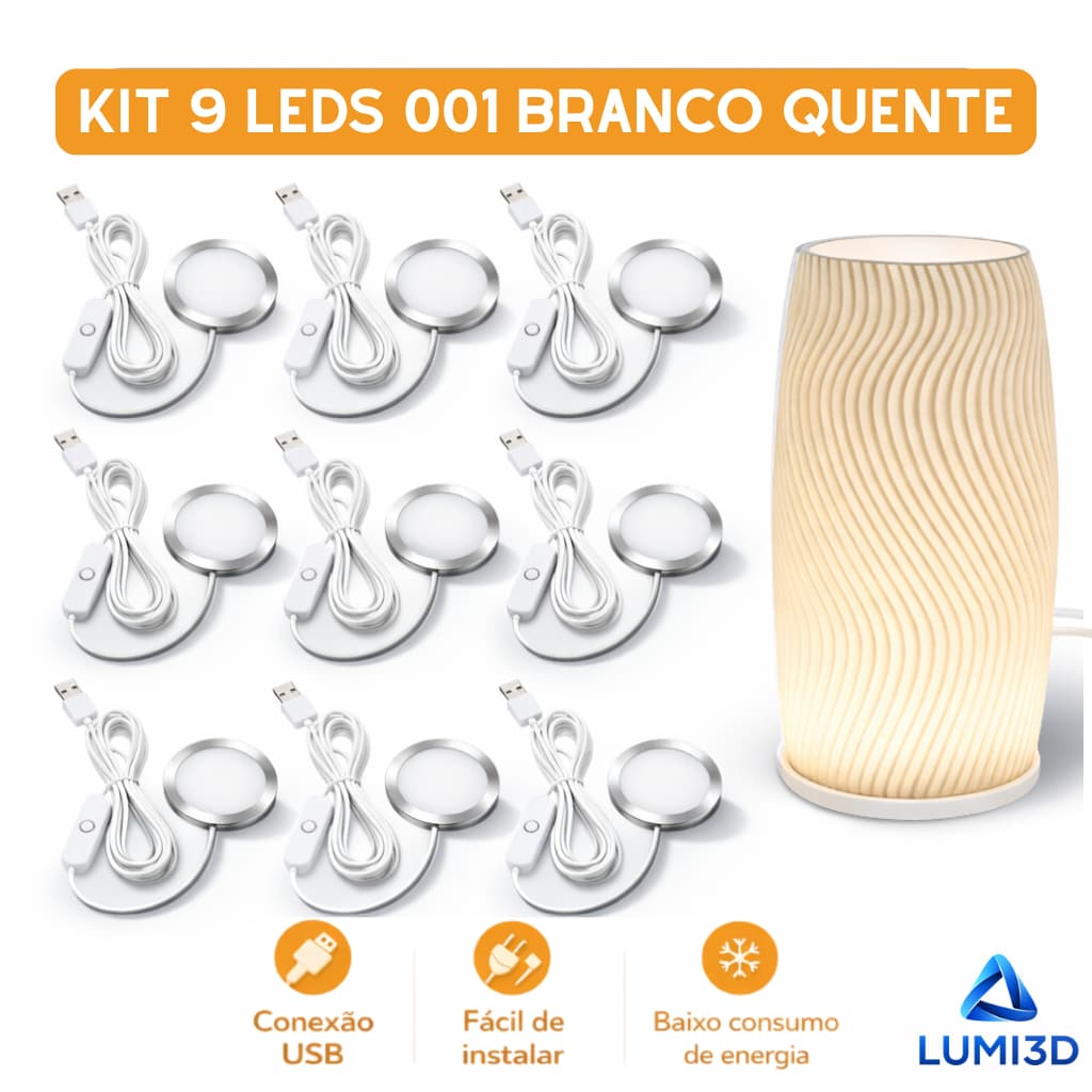 Kit 9x LED 001 Branco Quente USB 5V para Impressora 3D Bambu Lab Projeto DIY