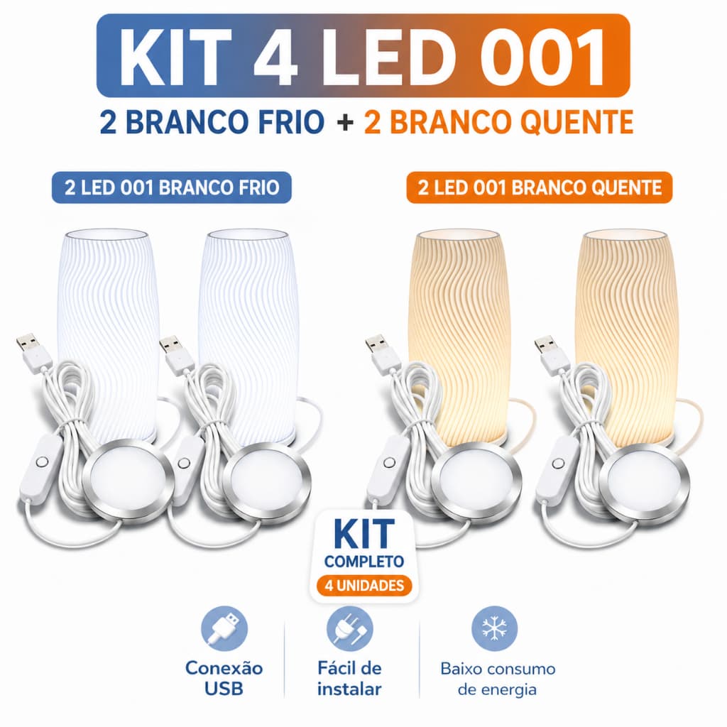 Kit 4x LED 001 Branco Frio + Quente USB 5V para Impressora 3D Bambu Lab Projeto DIY