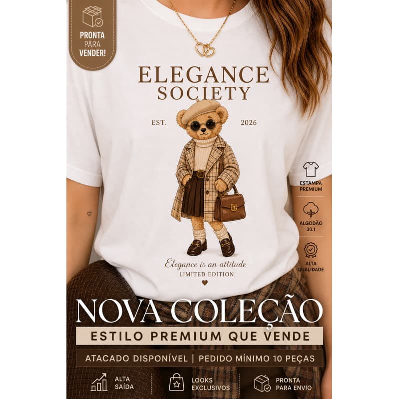 Camiseta Feminina Ursinho Fashion Elegante Premium 100% Algodão Estampa Teddy Chic Moda 2026