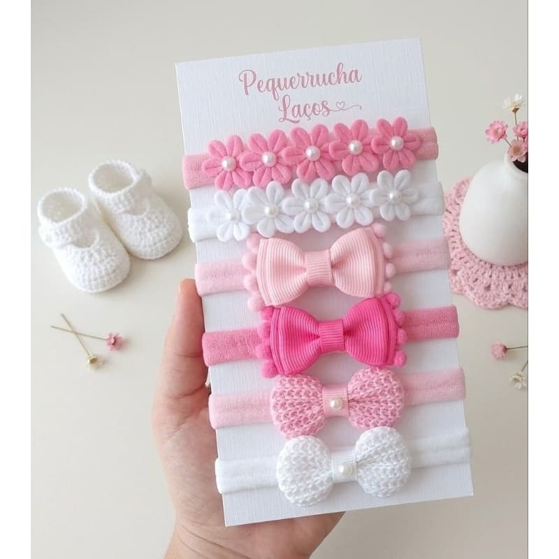 Kit 6  laços de cabelo para bebê na tiarinha meia de seda confortável