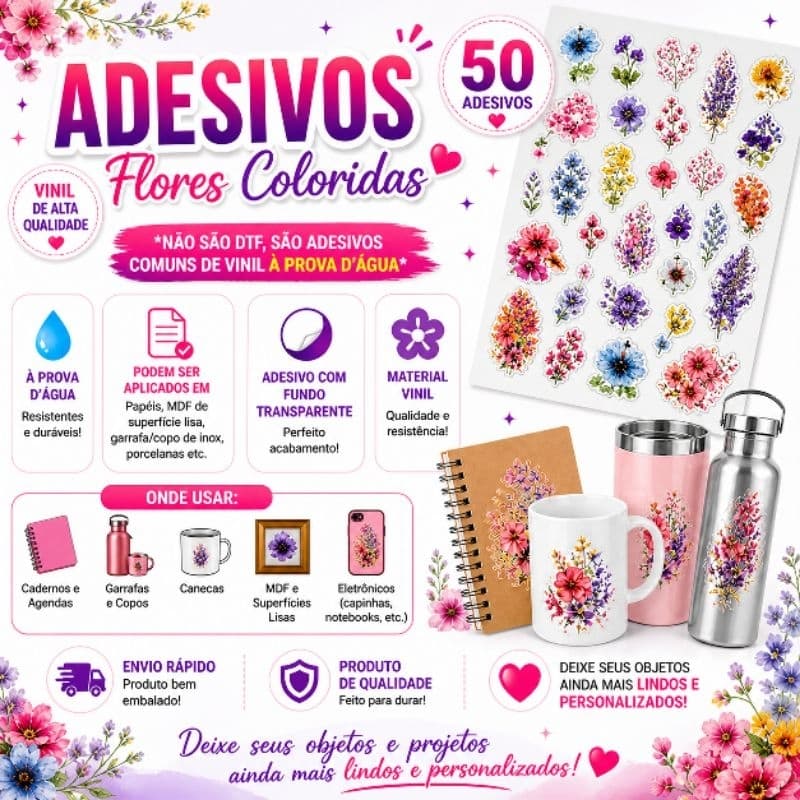 Kit 50 Adesivos Flores COLORIDAS Fundo Transparente Vinil Á Prova D'água