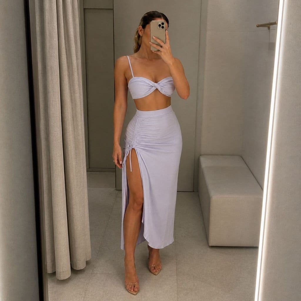 Conjunto Mídi Com Fenda Na Saia e Cropped Com Detalhe Suplex Premium ( DENISE )