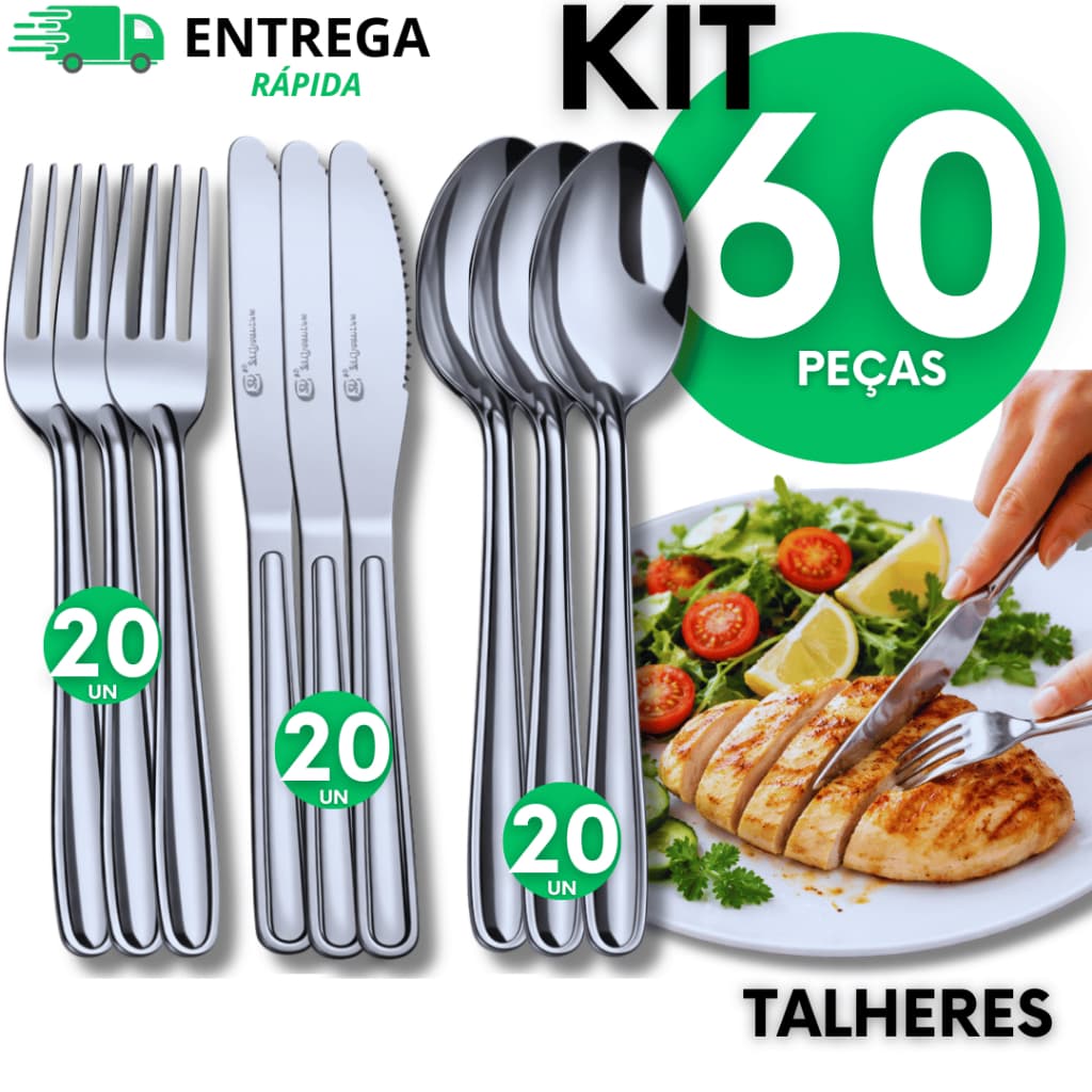 Talher 60 Unidades Inox 20 Facas c/ Serra 20 Garfos 20 Colheres de Sopa Mesa Talheres