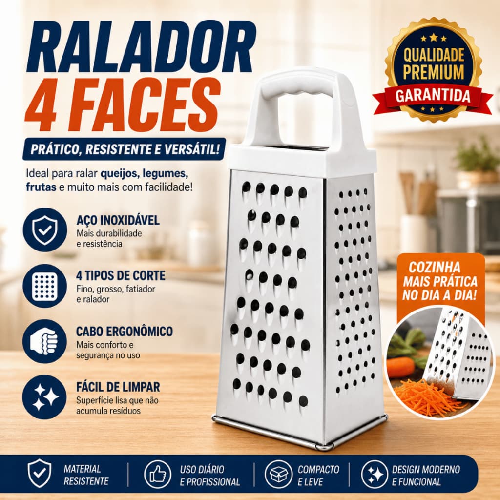 Ralador 4 Faces Queijo Legumes Cabo Ergonômico Prático Fácil de Limpar Inox Multifuncional
