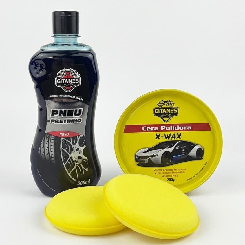 Kit Lavagem Auto: Pneu Pretinho 500ml + Cera Polidora Cremosa 200g + 2 Aplicador de Espuma Carro Moto