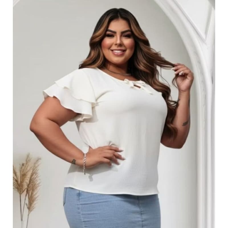 Blusa Feminina Plus Size Manga Babado Branca – Elegante, Confortável e Moderna tamanho único GG blusa plus size elegante