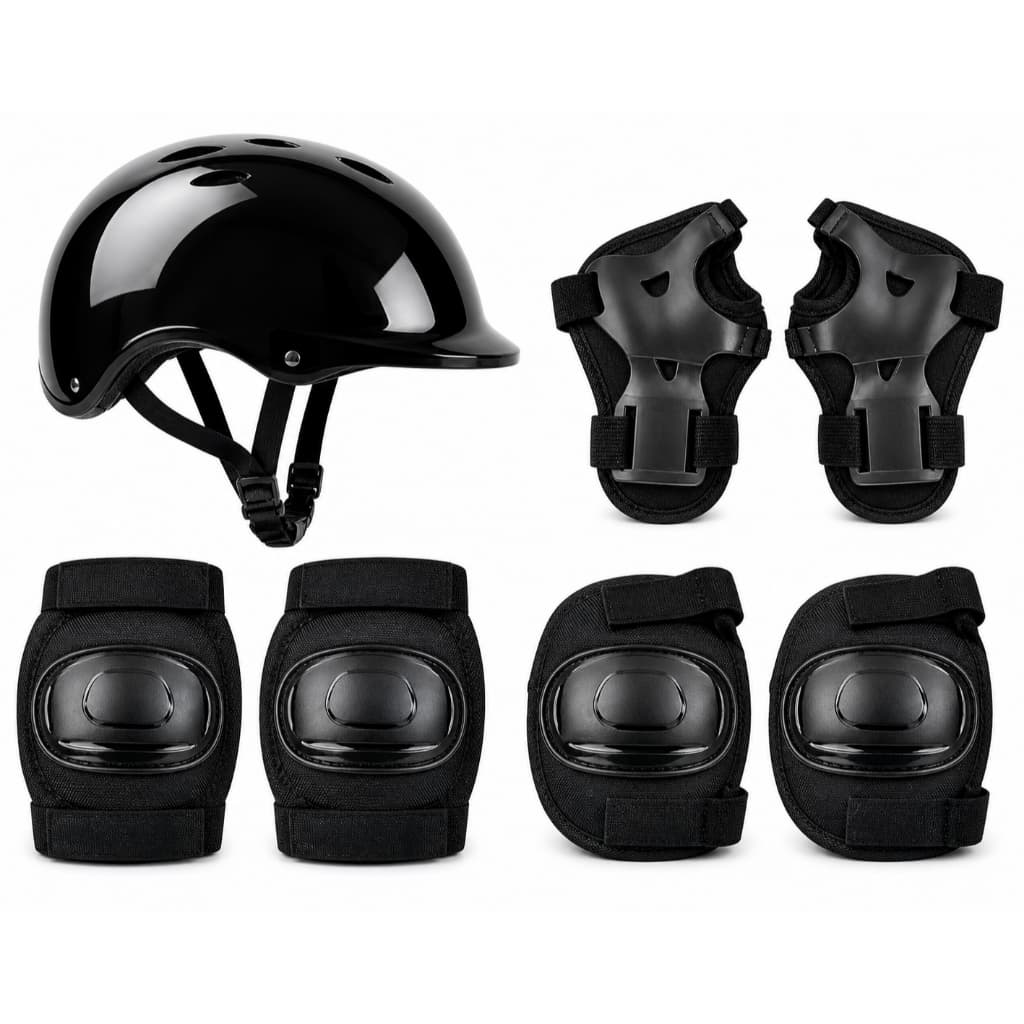 Kit Proteção Infantil 7 Peças Preto Capacete Joelheira Cotoveleira Ajustável Segurança Para Bicicleta Skate Patins