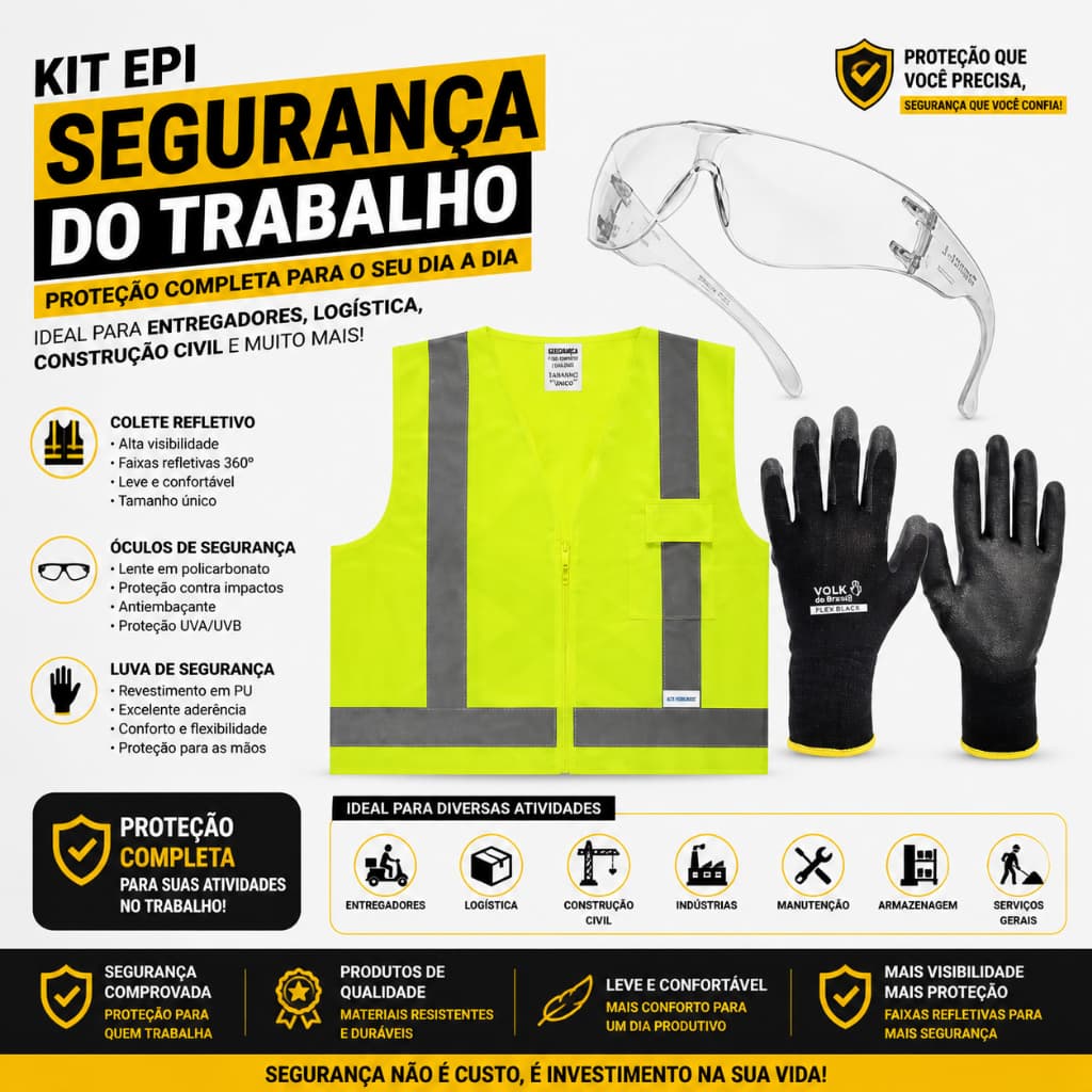 Kit EPI Segurança do Trabalho Colete Refletivo Óculos e Luva - Entregador - Logistica - Construção