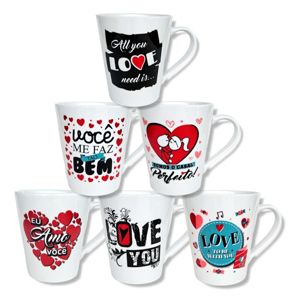 Canecas de porcelana brancas, cônicas, decoradas, 290 ml, xícara, café, chá, Col4-Namorados