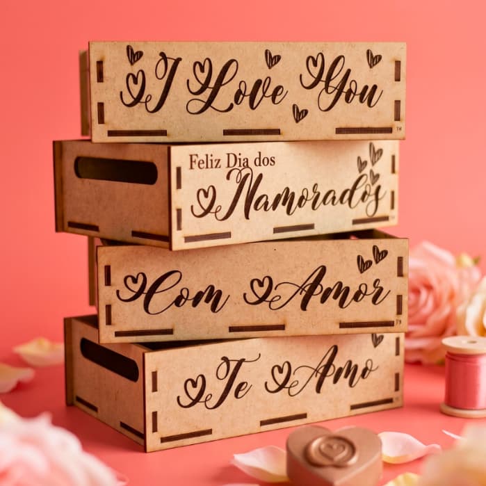 Kit 5 und Bandeja Cesta Caixote MDF 20x15 Te Amo Presente Dia dos Namorados Surpresa Romântica