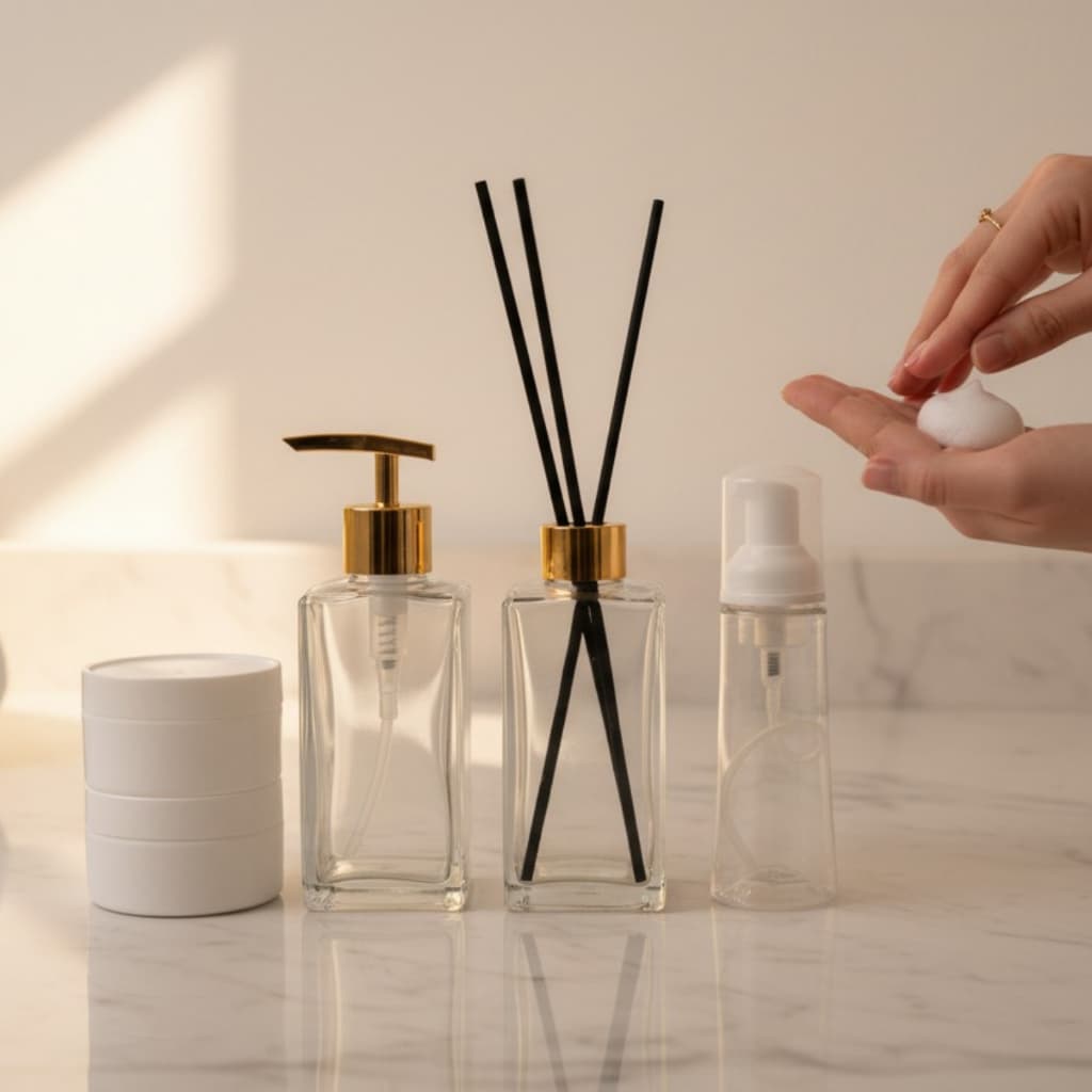 Kit Para Banheiro - Aromatizador e Saboneteira de Vidro 250ml + 1 Frasco Espuma + 2 Potes 120ml