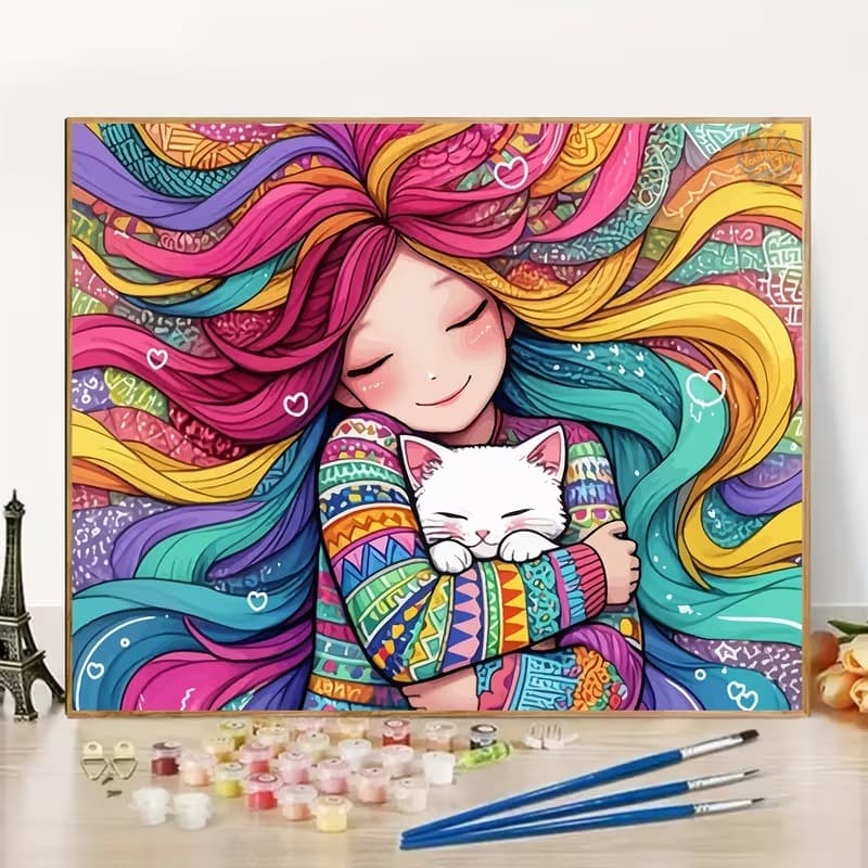 Quadro Decorativo Personalizado Para Você Menina e Gato - Cachorro - Porquinho da Índia  Multicolorido 60x80cm