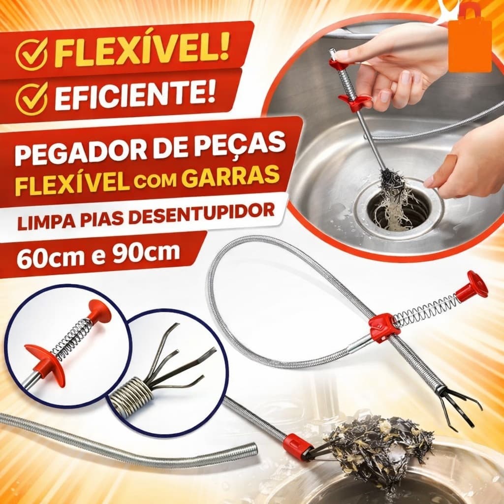 Pegador De Peças Flexível Com Garras Limpa Pias Desentupidor - 60cm e 90cm