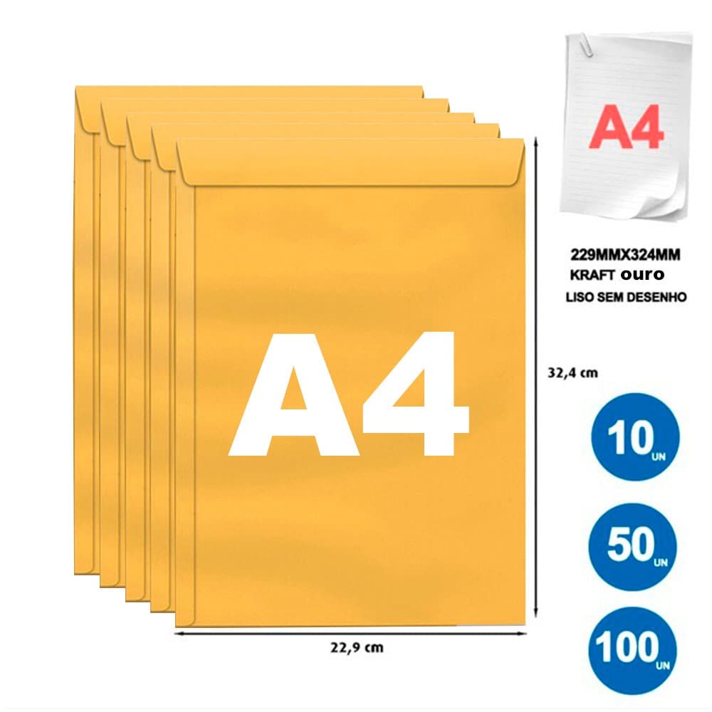 Envelope A4 Ouro 229 x 324 mm Kraft 22 x 32 cm 10, 50 e 100 Unidades