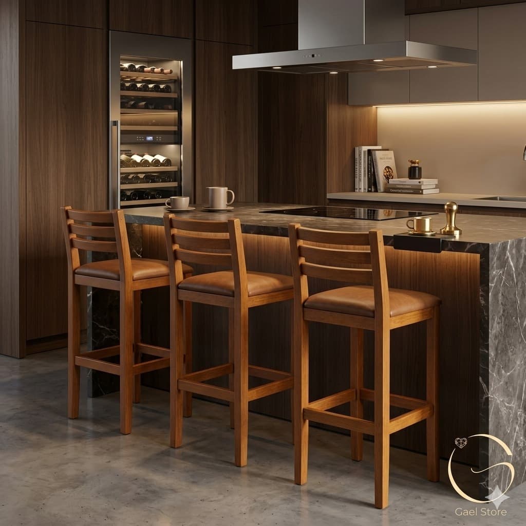Kit 3 Banquetas Com Encosto Banco em Madeira Para Área Gourmet Luxo Bancada Cozinha