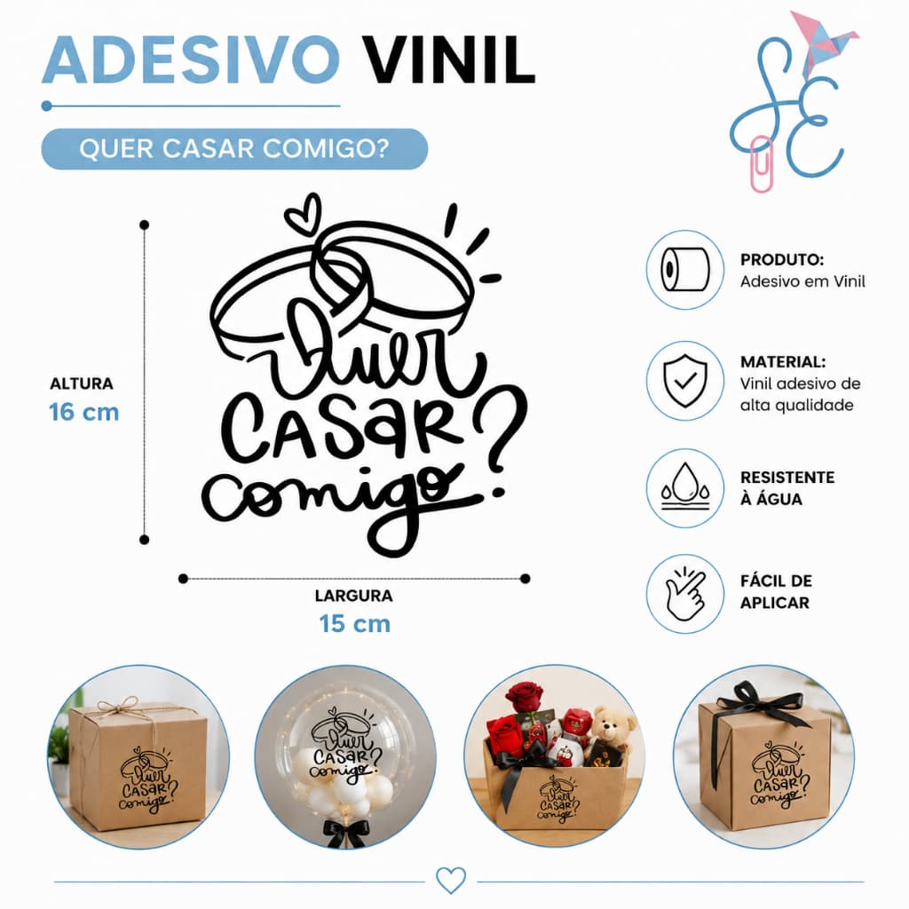 Kit Adesivo Quer Casar Comigo? | Vinil Decorativo 15x16 cm | Pedido de Casamento