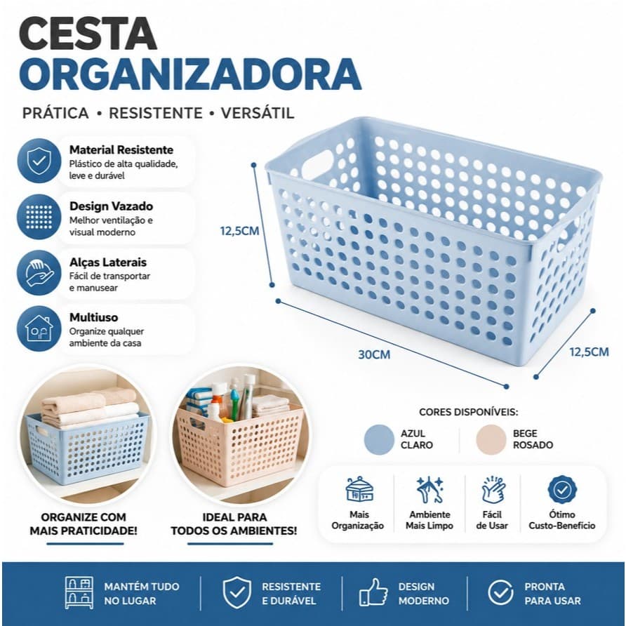 Cesta Organizadora Multiuso 30cm com Alças Resistente e Moderna para Banheiro, Cozinha, Closet e Lavanderia
