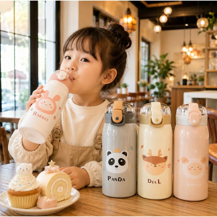 Garrafa Infantil Kawaii 350ml Em Aço Inoxidável Com Canudo