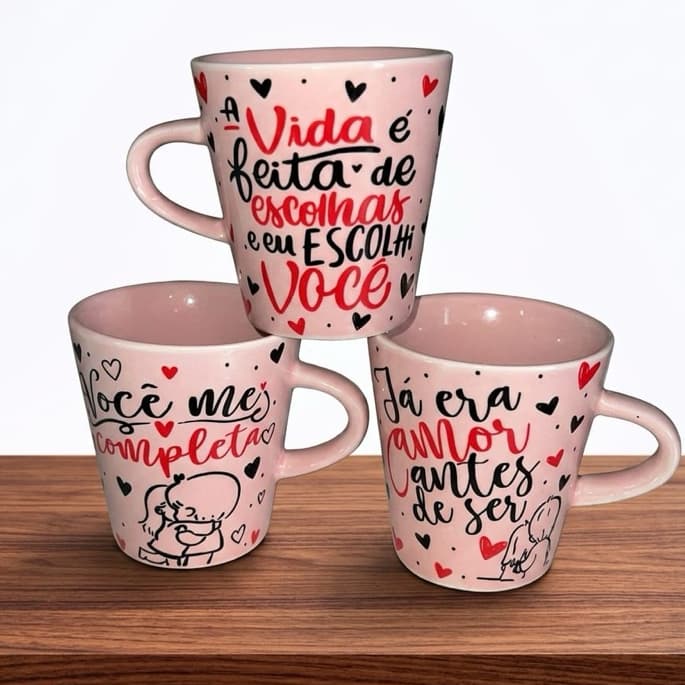 Jogo Canecas Rosa Dia Dos Namorados Faixa Xícara Porcelana 120ml Personalizada Amor Presente Elegante Café Chá Sua Manhã