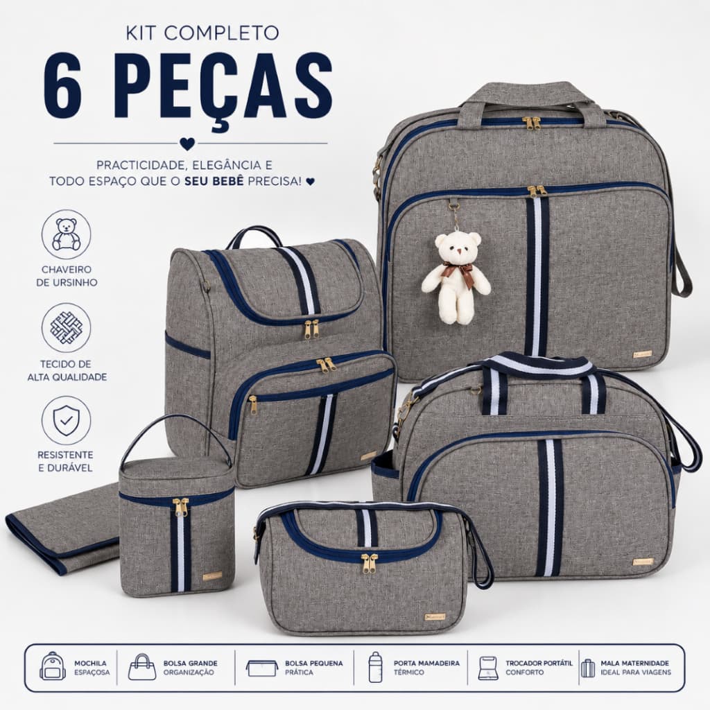Kit Bolsa Maternidade 6 Peças com Mochila 2 em 1+ Trocador e Porta Mamadeira Térmico AMOR