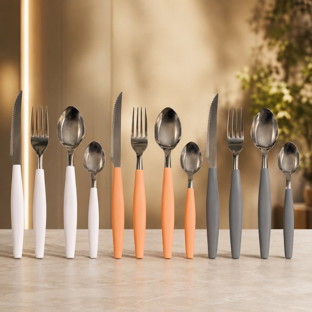 Jogo de Talheres Aço Inox 25 Peças com Suporte | Faca Garfo Colheres | Mesa Elegante e Moderna