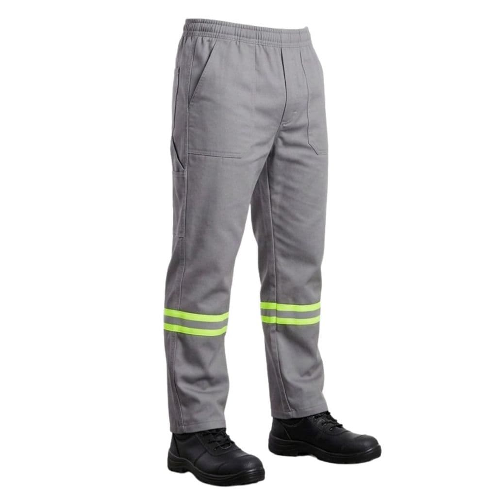 Calça Brim Pesado Cinza com Faixa Refletiva Uniforme Profissional Reforçado Pronta Entrega