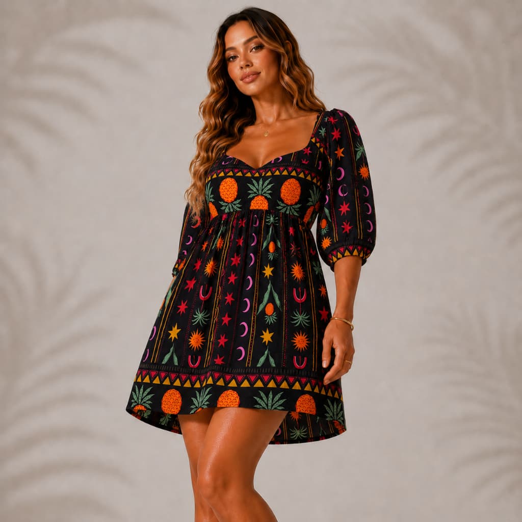 Vestido Feminino Curto Estampado Decote Coração Manga Bufante Tecido em Viscose Acinturado Moda